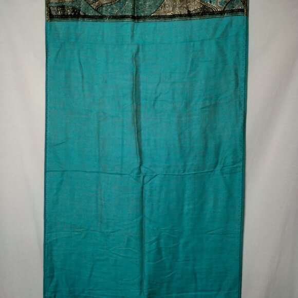 Cashmere Scarf Woven Turquoise Blue Black Metallic Gold Design Fringe Artsy Wrap - Picture 11 of 16